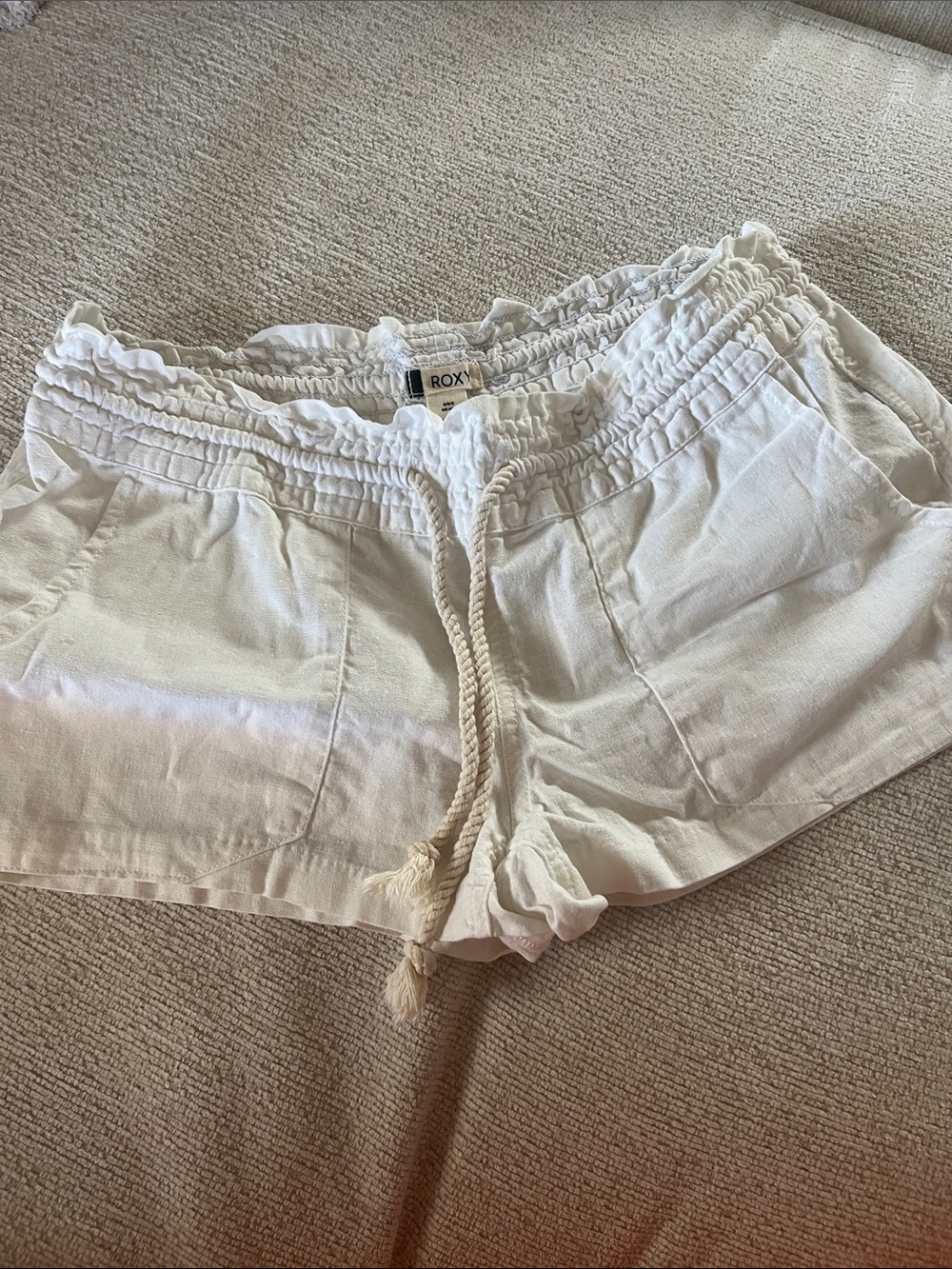 Roxy White Drawstring Linen-Blend Athletic Shorts